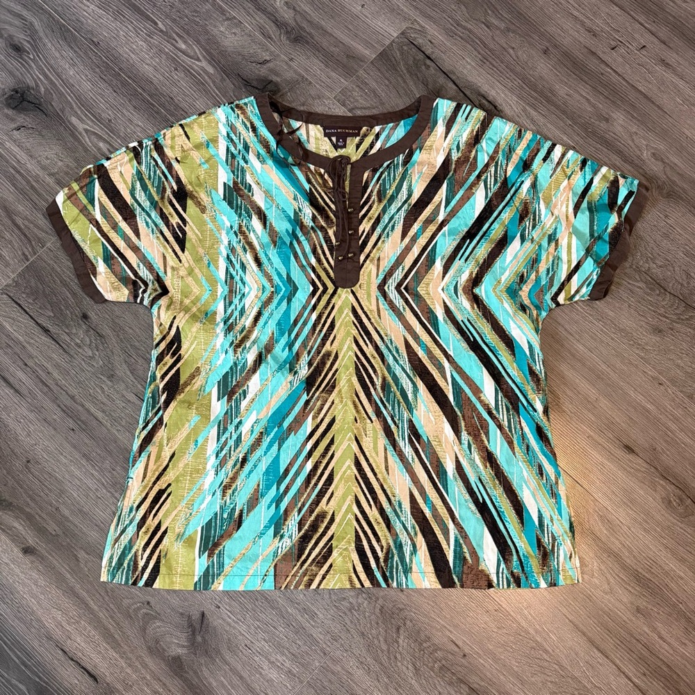 Dana Buchman Multicolor Geometric Pattern Top Earthy Chic Stylish Boho Revival